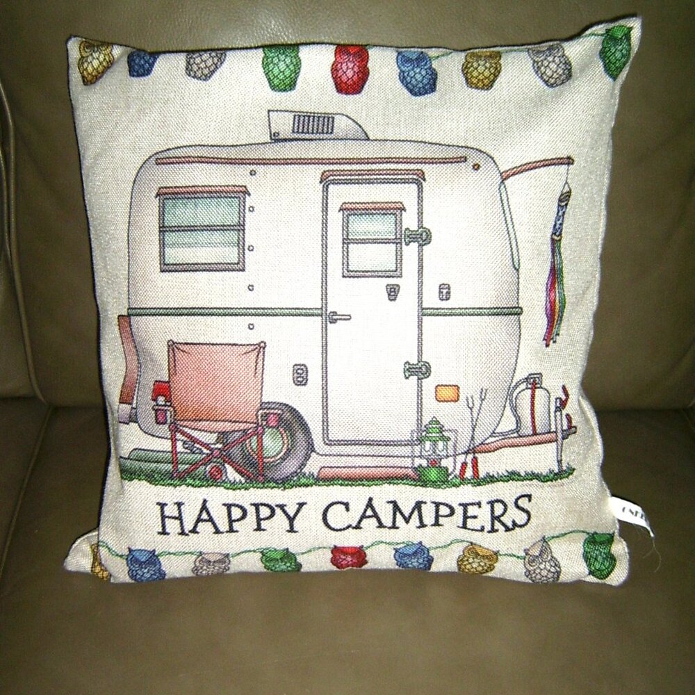 Happy Campers 17" Square Throw Pillow Zip Cover, VGUC